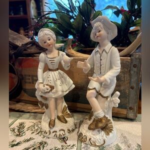 Vintage Bisque Porcelain Little Girl & Boy Figurines gold accents Made In Korea